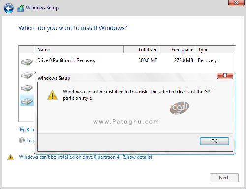 the selected disk is of the gpt partition style 01 رفع خطای The selected disk is of GPT partition style