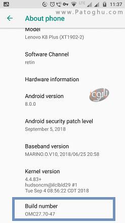 انتخاب گزینه Build number