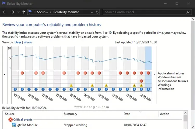 15 ابزار تشخیص سلامت ویندوز و حل مشکلات سیستم 4 Reliability Monitor سلامت ویندوز